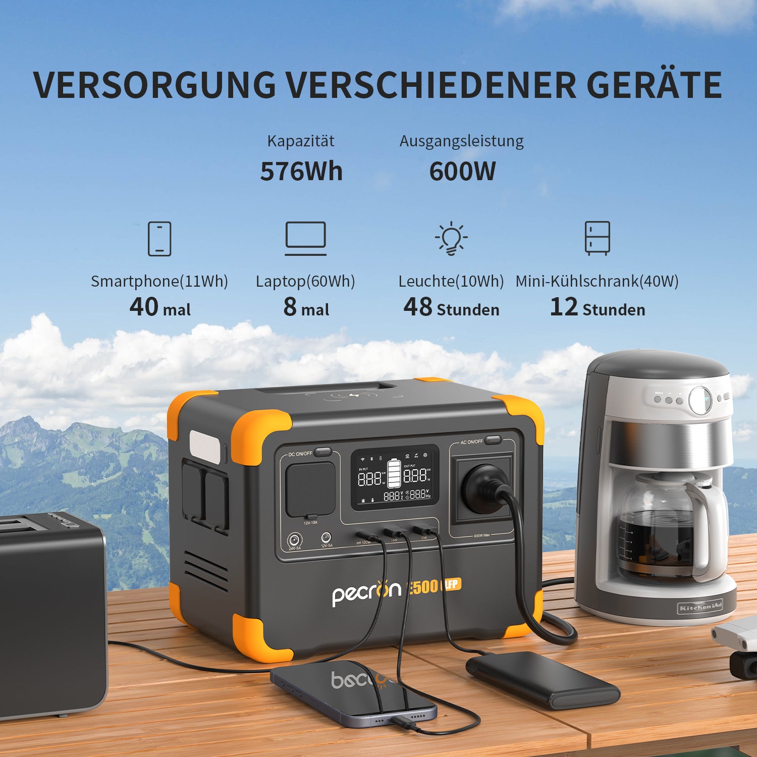 PECRON E500LFP Portable Power Station 600W 576Wh